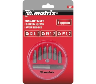Набор бит MATRIX Набор бит, магнитный адаптер для бит, сталь 45Х, 7 предм., в пласт. закрытом боксе//