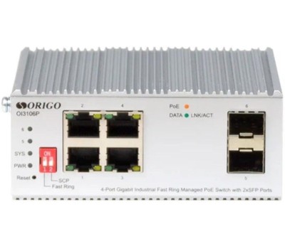 Коммутатор ORIGO Промышленный управляемый L2 PoE-коммутатор /4x1000Base-T/ 2x1000Base-X SFP/ -40..75°C/белый (OI3106P/60W/A1A)
