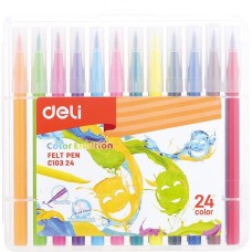 DELI Фломастеры EC10324 Color Emotion кисть смываемые 24цв. пластиковый пенал (24шт.)