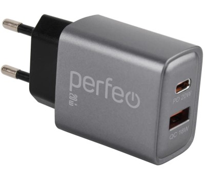 СЗУ PERFEO (I4669) 2 порта USB-A+TYPE-C, 20W, серый