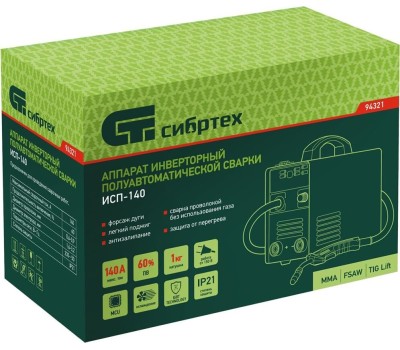 Сварочный аппарат СИБРТЕХ Аппарат инвертор. полуавтомат. сварки ИСП-140, 140 А, ПВ 60% 94321
