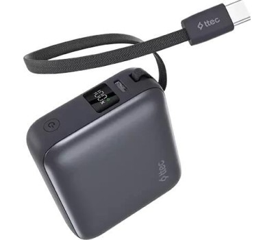 TTEC Внешний аккумулятор ReCharger Mini LCD 10000mAh USB-C PD 35W Powerbank со встроенным кабелем USB-C. Цвет: серый