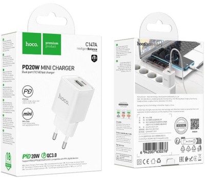 СЗУ HOCO (6942007630276) C147A 1USB+1Type-C 3.0A PD 20W+QC3.0 , White