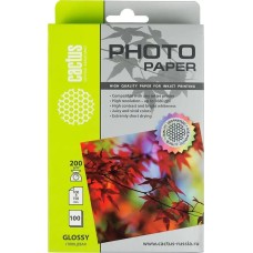 Фотобумага CACTUS Фотобумага CS-GA6200100, A6, для струйной печати, 100л, 200г/м2, белый, покрытие глянцевое