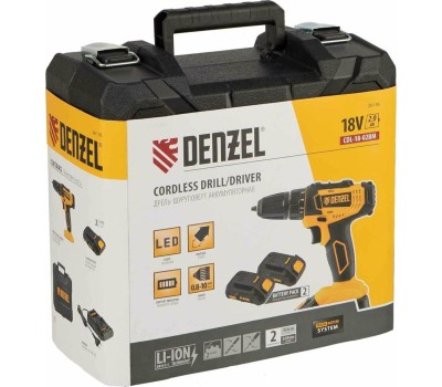 Дрель аккумуляторная DENZEL CDL-18-02BM Дрель-шуруповерт аккумуляторная , LI-ION, 18 В, 2 аккумулятор 26116