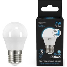 GAUSS Лампа светодиодная 105102307-S 7Вт цок.:E27 шар 220B св.свеч.бел.хол. (упак.:10шт)