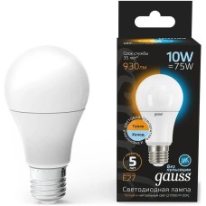 GAUSS Лампа светодиодная A60 10Вт цок.:E27 груша 220B св.свеч.бел.теп. (упак.:10шт) (102502110-T)