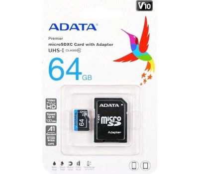 Карта памяти A-DATA 64GB MicroSDHC Class10 UHS-I A1 + адаптер (AUSDX64GUICL10A1-RA1)