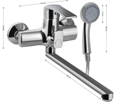 FABIA - Смеситель для ванны с длинным, плоским изливом, шаровый, с дивертором м/к на корпусе, цвет ХРОМ. 9682