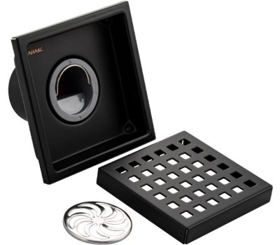 САНАКС - Трап душевой, из нержавеющей стали, 110 х 110 мм, крышка с перфорацией, СУХОЙ ЗАТВОР, вертикальный выпуск 50 мм, цвет ЧЕРНЫЙ 1181