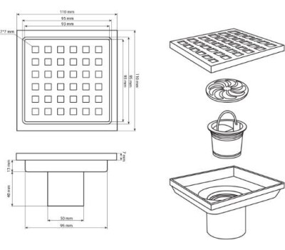 САНАКС - Трап душевой, из нержавеющей стали, 110 х 110 мм, крышка с перфорацией, СУХОЙ ЗАТВОР, вертикальный выпуск 50 мм, цвет ЧЕРНЫЙ 1181