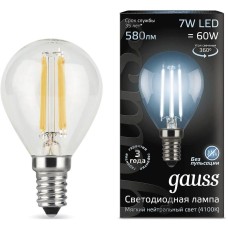 GAUSS Лампа светодиодная Filament 7Вт цок.:E14 шар 220B св.свеч.бел.нейт. P45 (упак.:10шт) (105801207)