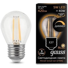 GAUSS Лампа филам. Filament 5Вт цок.:E27 шар 220B св.свеч.бел.теп. (упак.:1шт) (105802105-D)
