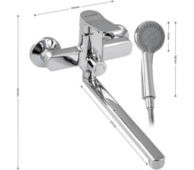 FABIA - Смеситель для ванны с длинным, плоским изливом, шаровый, с дивертором м/к на корпусе, цвет ХРОМ. 9680