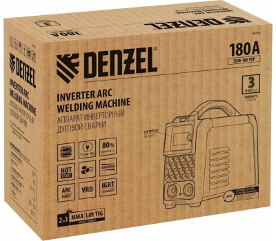 Аппарат инвертор DENZEL Аппарат инвертор. дуговой сварки SDM180 Top, 180 А, ПВ 80% 94355
