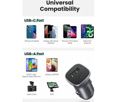 UGREEN Автомобильное зарядное устройство CD130 (30780) USB-C PD+USB-A QC 24W Fast Car Charger. Цвет: серый космос