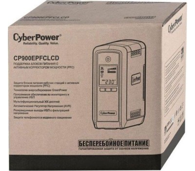 ИБП CYBERPOWER ИБП CP900EPFCLCD {Line-Interactive, Tower, 900VA/540W USB/RJ11/45/USB charger A (6 EURO), 12В/9 Ач х 1}