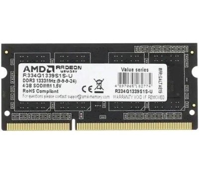 AMD RADEON Модуль памяти 4GB DDR3 1333 SO DIMM R3 Value Series Black R334G1339S1S-U Non-ECC, CL9, 1.5V, Retail R334G1339S1S-U (182774)