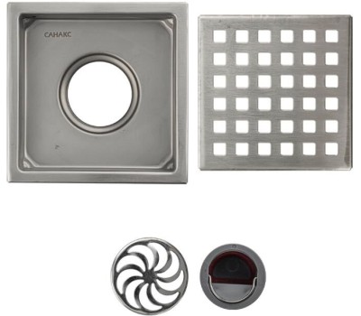 САНАКС - Трап душевой, из нержавеющей стали, 110 х 110 мм, крышка с перфорацией, СУХОЙ ЗАТВОР, вертикальный выпуск 50 мм, цвет САТИН . 1183