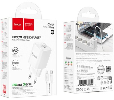 СЗУ HOCO (6942007630337) C149A СЗУ 1USB+1Type-C 3.0A PD 30W+QC3.0 , White