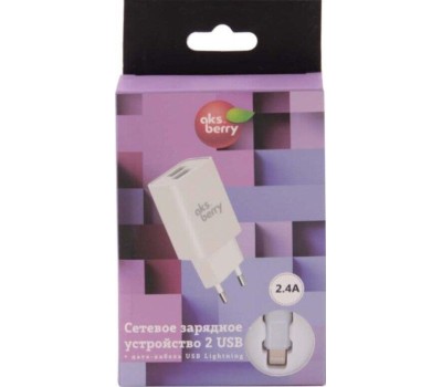 АККУМУЛЯТОРЫ И ЗАРЯДНЫЕ УСТРОЙСТВА AKSBERRY (6900203220011) T38 2 USB 2.4A + Lightning, белый