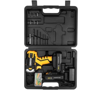 Аккумуляторная дрель-шуруповерт DEKO Banger 20V ONE + в кейсе + набор 63 инструмента для дома, 20В, 2х1.5Ач 083-1043