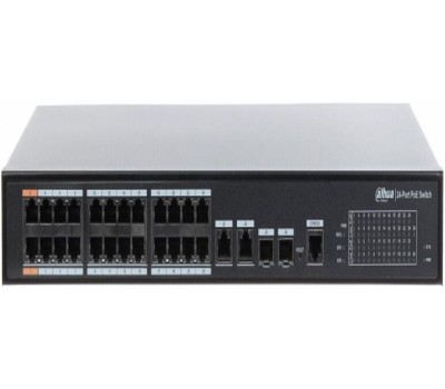 Коммутатор DAHUA DH-S3226-24ET-240 24-портовый неуправляемый коммутатор с РоЕ, 24xRJ45 100Mb PoE, 2хКомбо SFP/RJ45 1Gb uplink, суммарно 240Вт, коммутация 8.8 Гбит/с, MAC-таблица 8К