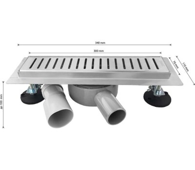 САНАКС - Трап 300 х 70 мм, с бортиком для плитки, из нержавеющей стали, горизонтальное подключение 360º, с сухим и гидрозатворами, цвет САТИН. 00036