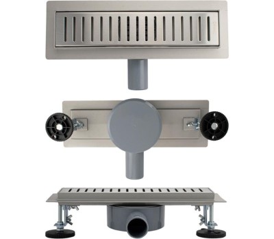 САНАКС - Трап 300 х 70 мм, с бортиком для плитки, из нержавеющей стали, горизонтальное подключение 360º, с сухим и гидрозатворами, цвет САТИН. 00036