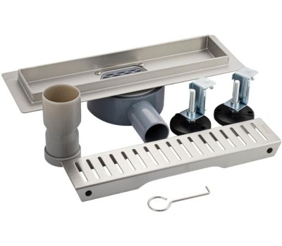 САНАКС - Трап 300 х 70 мм, с бортиком для плитки, из нержавеющей стали, горизонтальное подключение 360º, с сухим и гидрозатворами, цвет САТИН. 00036