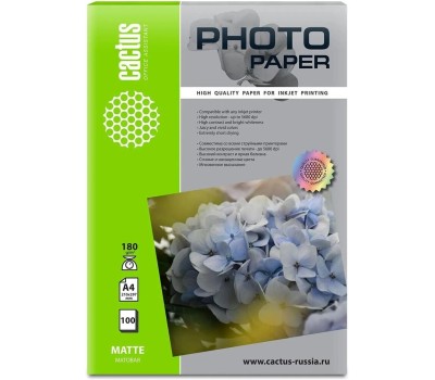 CACTUS Фотобумага CS-MA4180100, A4, для струйной печати, 100л, 180г/м2, белый, покрытие матовое