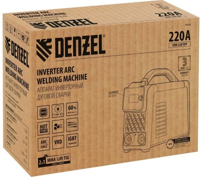 Аппарат инвертор DENZEL Аппарат инвертор. дуговой сварки SDM220 Top, 220 А, ПВ 60% кейс 94358