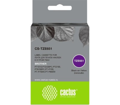 CACTUS Картридж CS-TZE651, TZe-651, 24мм, черный шрифт, желтый фон, 8м ( CS-TZE651
