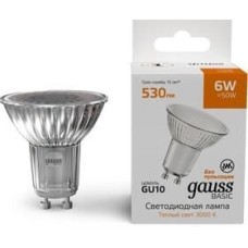 GAUSS Лампа светодиодная Basic 6Вт цок.:GU10 софит 220B св.свеч.теп.св./дневн. (упак.:10шт) (10106162)