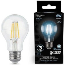 GAUSS Лампа филаментная E27, груша, 6Вт, A60, 10 шт. [102802206]