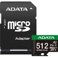 Карта памяти A-DATA Карта памяти microSDXC UHS-I U3 Speed Plus 512 ГБ, 180 МБ/с, Class 10, UD512GUI3V30A2SP-RA1, 1 шт., переходник SD