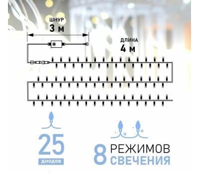 Гирлянда NEON-NIGHT (303-165) ГИРЛЯНДА ТВИНКЛ-ЛАЙТ 4 М, 25 LED, ПР-Й ПВХ, БЕЛЫЙ