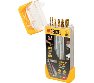 Набор сверл DENZEL Набор сверл по металлу, 2-3-4-5-6-8 мм, HSS-Tin, Golden Tip, 6 шт 72300