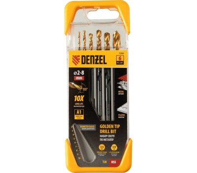 Набор сверл DENZEL Набор сверл по металлу, 2-3-4-5-6-8 мм, HSS-Tin, Golden Tip, 6 шт 72300