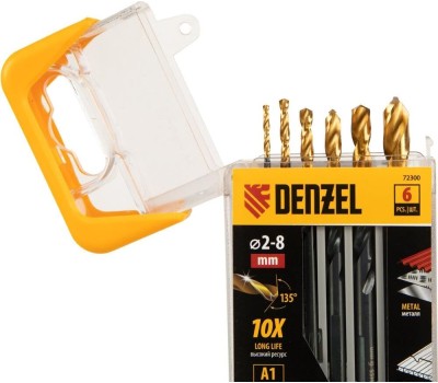 Набор сверл DENZEL Набор сверл по металлу, 2-3-4-5-6-8 мм, HSS-Tin, Golden Tip, 6 шт 72300