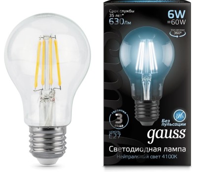 GAUSS Лампа филаментная E27, груша, 6Вт, A60, 10 шт. [102802206]