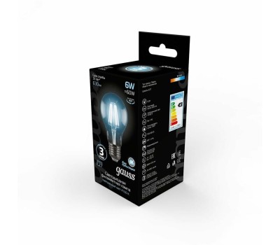 GAUSS Лампа филаментная E27, груша, 6Вт, A60, 10 шт. [102802206]