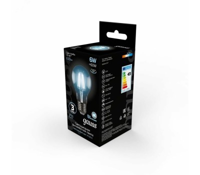 GAUSS Лампа филаментная E27, груша, 6Вт, A60, 10 шт. [102802206]