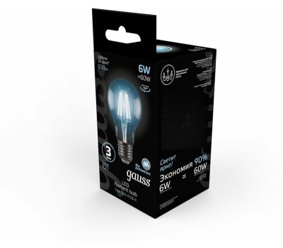 GAUSS Лампа филаментная E27, груша, 6Вт, A60, 10 шт. [102802206]