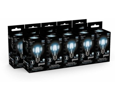 GAUSS Лампа филаментная E27, груша, 6Вт, A60, 10 шт. [102802206]