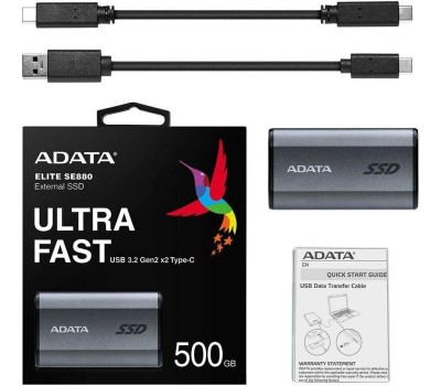 ADATA Твердотельный накопитель SSD Drive SE880 - 500GB 512GB USB 3.2 USB-C Titanium Grey - Rugged, Highly Portable High Speed 2000MB/s Read/Write Compatibility: Windows, Mac OS, Android, Xbox One, PS4, PS5