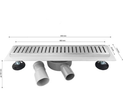 САНАКС - Трап 400 х 70 мм, с бортиком для плитки, из нержавеющей стали, горизонтальное подключение 360º, с сухим и гидрозатворами, цвет САТИН. 00037