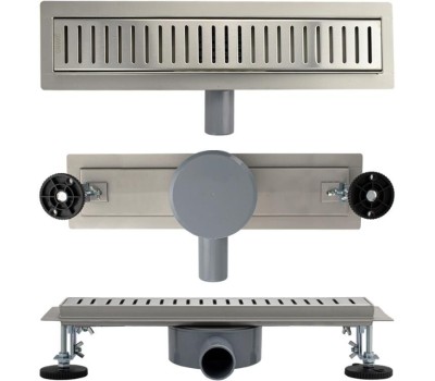 САНАКС - Трап 400 х 70 мм, с бортиком для плитки, из нержавеющей стали, горизонтальное подключение 360º, с сухим и гидрозатворами, цвет САТИН. 00037