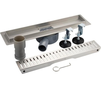 САНАКС - Трап 400 х 70 мм, с бортиком для плитки, из нержавеющей стали, горизонтальное подключение 360º, с сухим и гидрозатворами, цвет САТИН. 00037